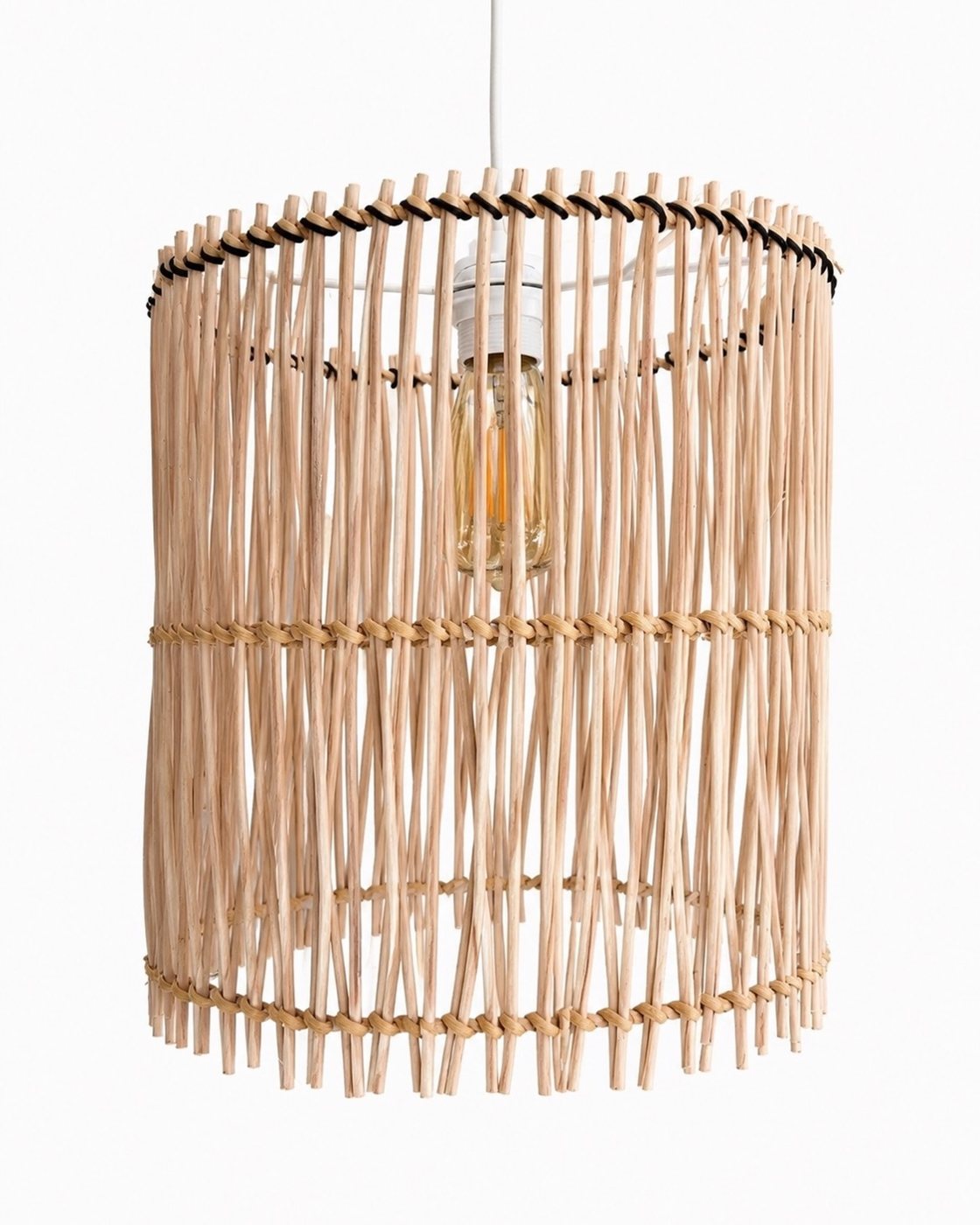 Rattan Cylinder Pendant Light with Black Rim